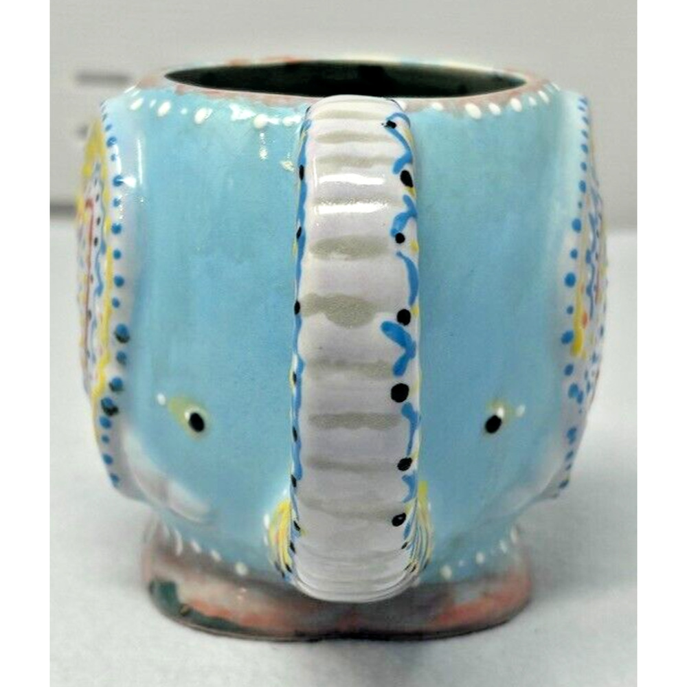 Unique Elephant Stoneware Pottery Mug Signed By Artist Blue‎ Raised